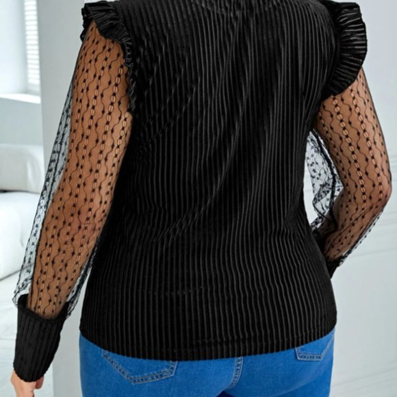 NEW - SHEIN Contrast Dobby Black Mesh Ruffle Trim Velvet Top - Sz 3XL (18) - Picture 2 of 7